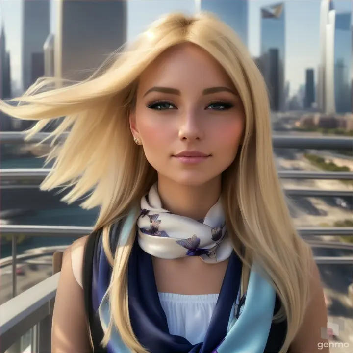 lively natural European girl opens/closes her eyes, her blonde hair fluttering in the wind and a silky scarf, a high-tech cityscape with skyscrapers is visible on the horizon