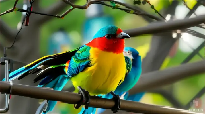 a colorful bird wearing earphones. In cage