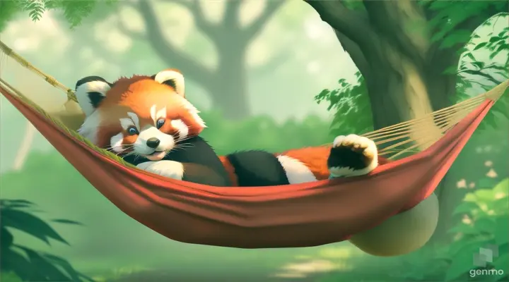 “Anime Red panda lying down on a hammock, In the woods, Anime.”