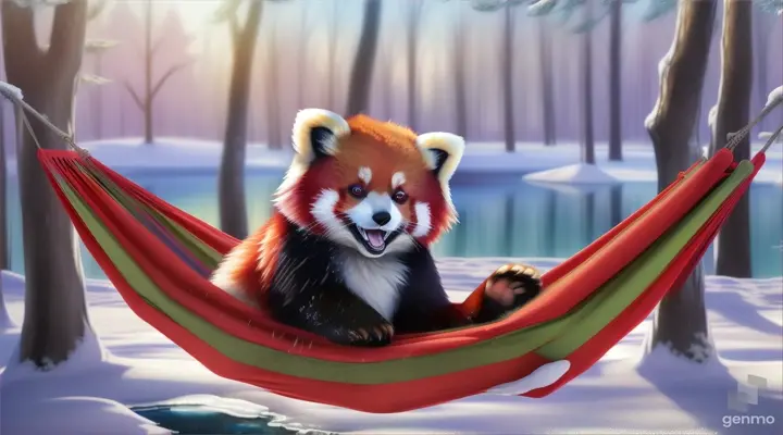 a red panda bear laying in a hammock, Anime, Snowy day, sunlight, frozen lake