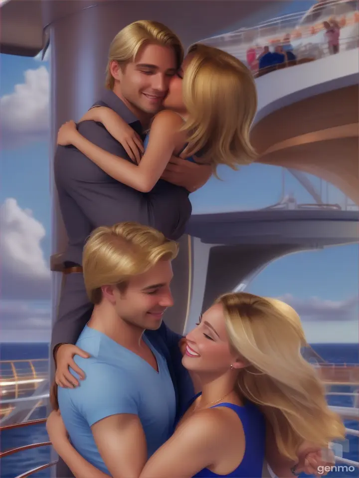 a blonde woman jumps into the arms of a man with brown-blonde hair, on a cruise ship