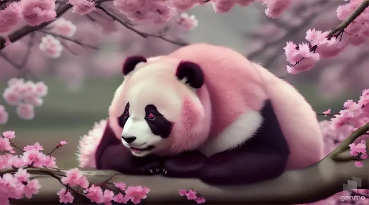 Realistic Pinkish Red Panda sleeping under a cherry tree, Anime