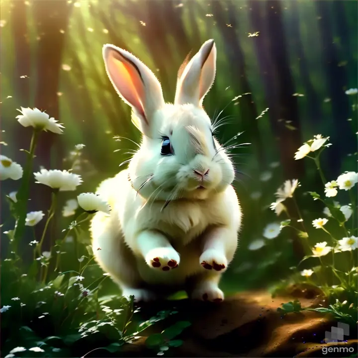 a white rabbit sitting in a field of flowers