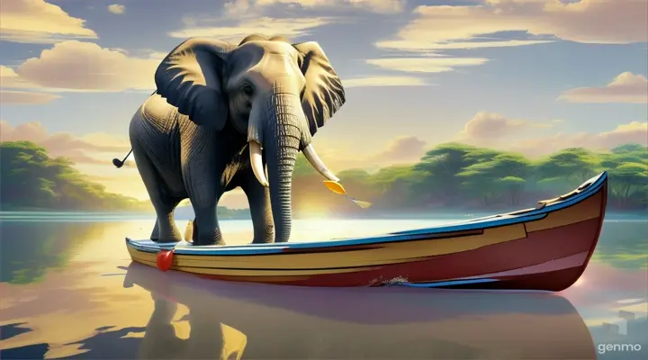 cartoon of an elephant on a boat in still water 16:9 ratio