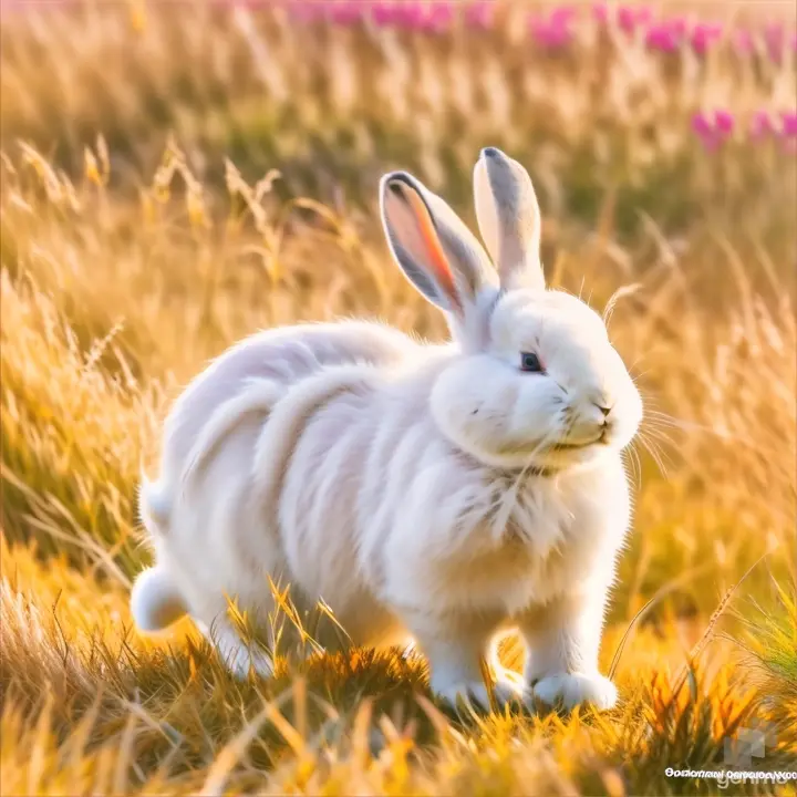 a white rabbit sitting in a field of grass