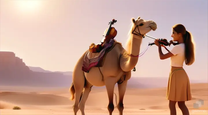 A young and beautiful girl with long hair, the girl smiles and plays the violin in a desert oasis, with a cute camel next to the girl