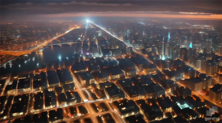 Boeing plane flies over a city at night with colorful city lights illuminating below