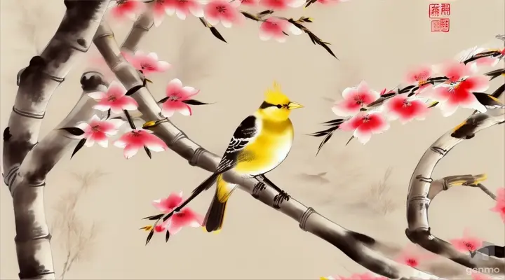 中国水墨风，梅花，金丝雀，插画