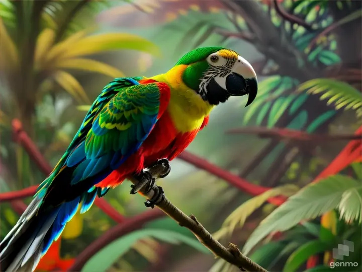 realistic Macau parrot long tail  flying surrounded by lush tropical foliage