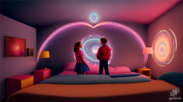 A mesmerizing 1980s-themed bedroom illustration featuring a teenage boy and girl, both wearing brightly colored tracksuits. They stand side by side, gazing in awe at a wormhole that has appeared in the wall. The wormhole is a dazzling, swirling vortex of vibrant colors, set against a celestial backdrop of twinkling stars and serene nebulas. Surrounding them is retro furniture, including a neon-lit arcade cabinet called Invaders, and iconic movie star posters of Rambo, Predator, and Freddy Krueger. The atmosphere in the scene is a blend of wonder and excitement, as the boy embarks on an extraordinary journey through space and time, ready to explore the unknown.