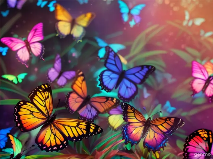 Many Butterfly full color in the  neon forest, realistic 