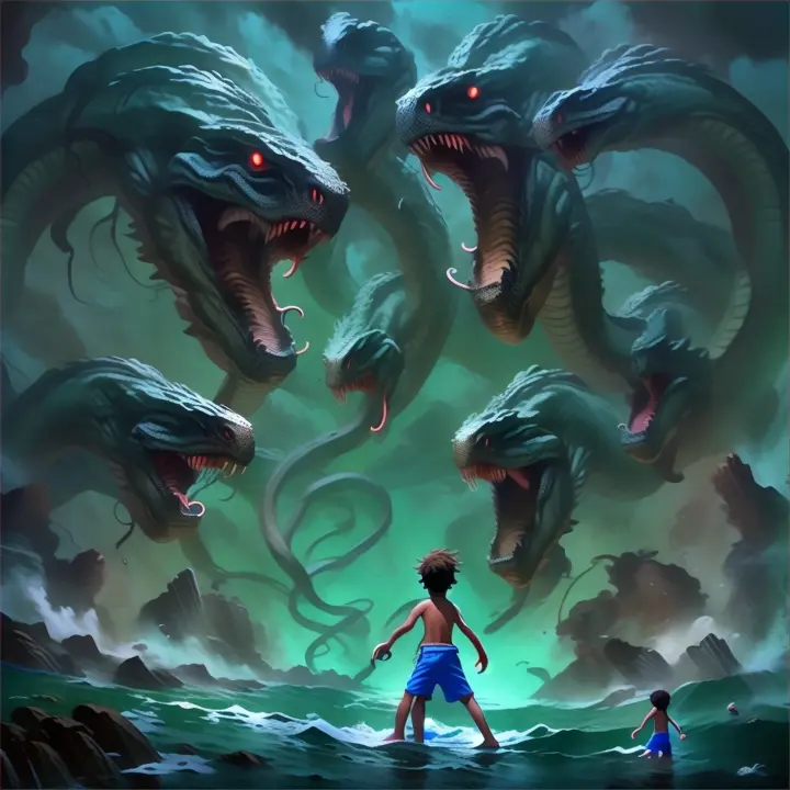 a boy is standing in the water with two large snakes