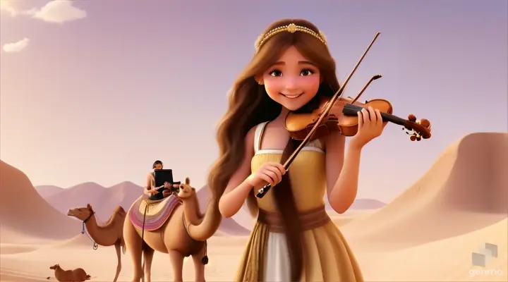 A young and beautiful girl with long hair, the girl smiles and plays the violin in a desert oasis, with a cute camel next to the girl