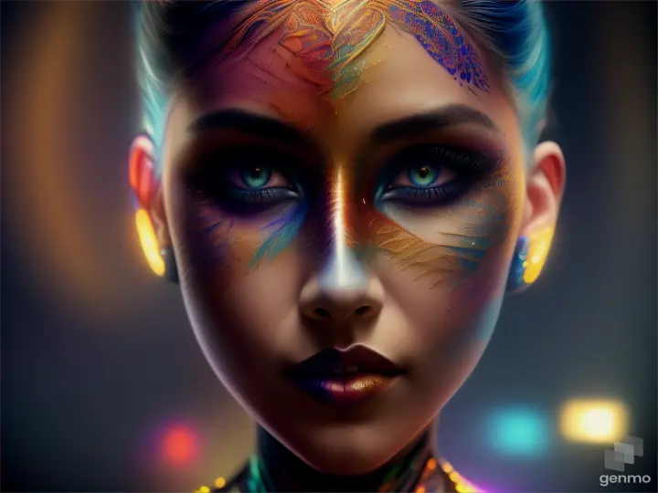 A stunning and hyper-realistic portrait of a person with an artistic body painting. The body painting is a mesmerizing blend of vibrant colors and intricate designs, transforming her body into a canvas. The background is dark, creating a dramatic contrast that highlights their beauty. The lighting is cinematic, with a spotlight illuminating her face and body, while the rest of the scene remains in shadow. The overall atmosphere of the photo is captivating and surreal, showcasing the incredible talent of the photographer and the subject's confidence., cinematic, photo, vibrant, portrait photography, 3d render, fashion, anime, graffiti, dark fantasy, conceptual art