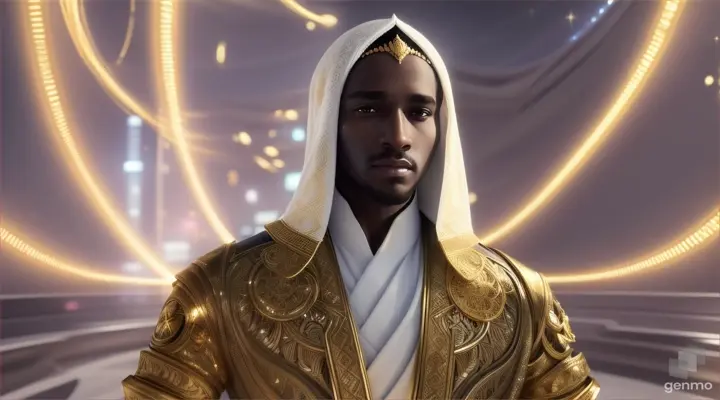 dark-skinned Black Muslim young teen boy mystic prince wearing a white Islamic robe with gold embroidery and negative hair clean-shaven face, standing in a futuristic mystical city, majestic, futuristic, using mystic powers, landscape-video size -neg headdress, facial hair, headscarf