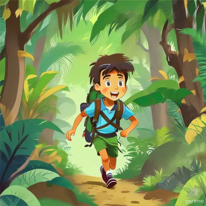 a boy running in the jungle with a backpack