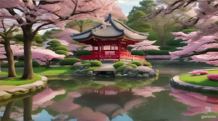 A serene, intimate garden filled with blooming cherry blossom trees, a pond, and a small gazebo.