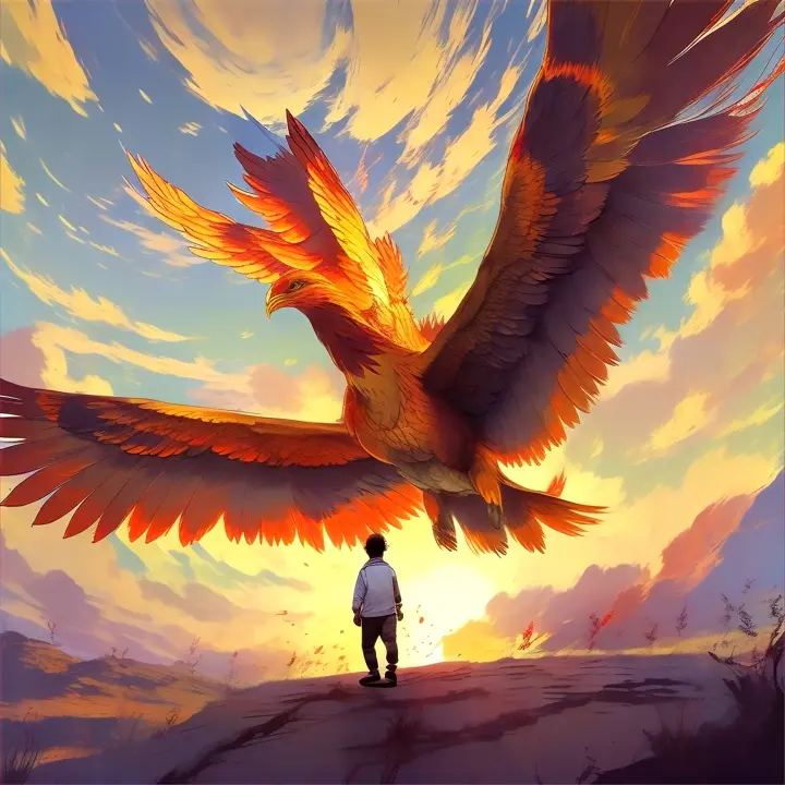 a person standing in front of a phoenix flying in the sky