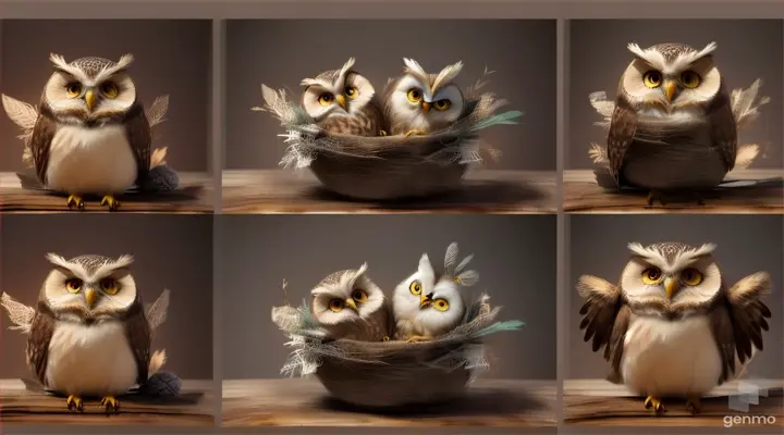 3 style animation of a cute little owl yawning and nestled into his cozy nest and closed his eyes