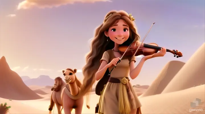 A young and beautiful girl with long hair, the girl smiles and plays the violin in a desert oasis, with a cute camel next to the girl