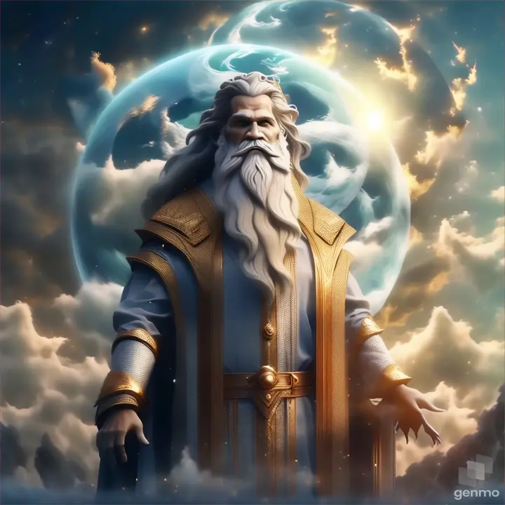 a man with a long white beard standing in front of a blue moon