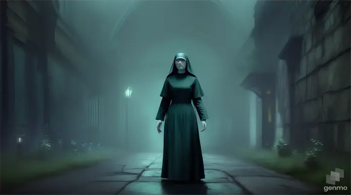 haunted sacry nun at night in near a church