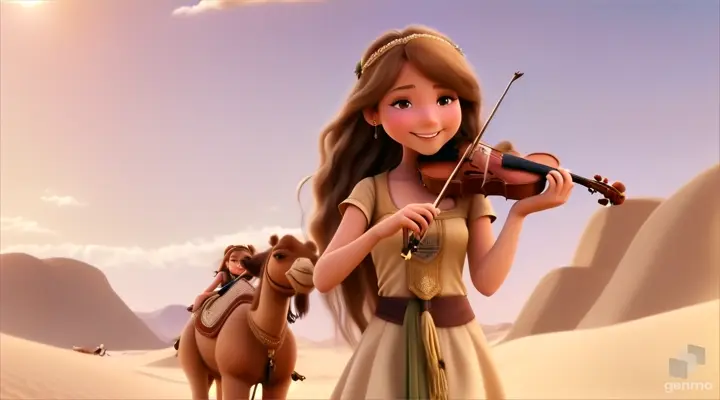 A young and beautiful girl with long hair, the girl smiles and plays the violin in a desert oasis, with a cute camel next to the girl