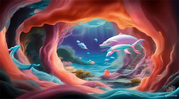 One day, while exploring the depths of Coral Haven, Pinky and Blu stumbled upon a hidden cavern, its entrance obscured by swirling currents and tangled seaweed. Intrigued by the mystery that lay within, they enlisted the help of their adventurous Dolphin Coral and set out to uncover its secrets. cartoon illustration