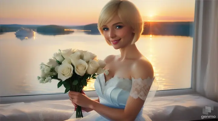 A beautiful blonde is sitting on the bed holding a hug short haircut, blue eyes, Belarusian appearancee bouquet of white roses, smiling and rejoicing on her birthday, a room with a view from the window of Lake Onega in Karelia