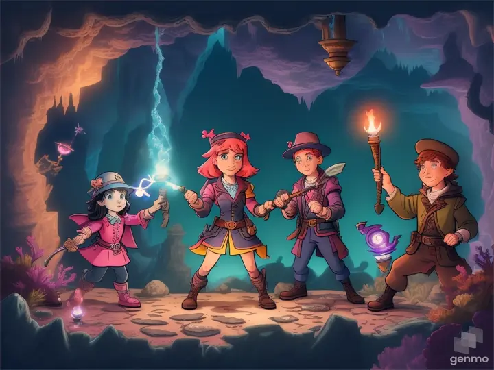 As they delved deeper into the cavern's depths, they encountered perilous obstacles and cunning puzzles, testing their wits and determination. Yet, with Coral's keen eye for detail and Pinky and Blu's unwavering courage, they persevered, unraveling the mysteries of the sunken treasure hidden within. cartoon illustration