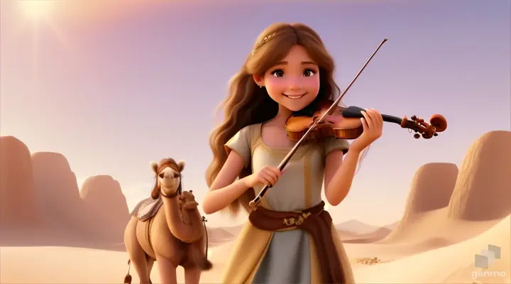 A young and beautiful girl with long hair, the girl smiles and plays the violin in a desert oasis, with a cute camel next to the girl