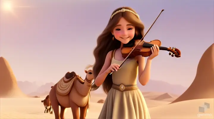 A young and beautiful girl with long hair, the girl smiles and plays the violin in a desert oasis, with a cute camel next to the girl