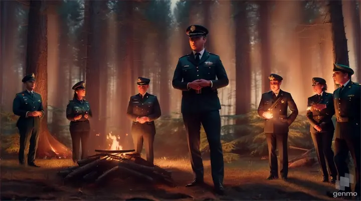 A handsome forest officer , with his secretary and other staff members doing conversation in a forest at night..