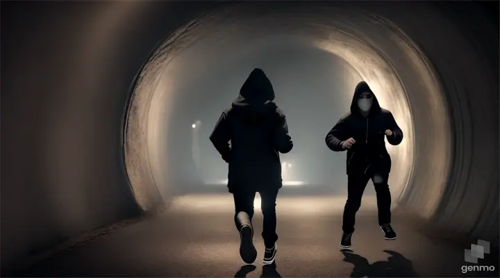 two hooded youths running away from shot down a tunnel, medium shot, photo realistic, 