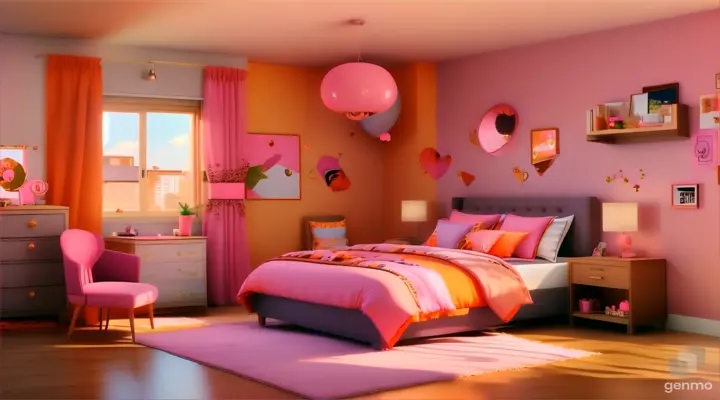 a bedroom with a pink and orange theme