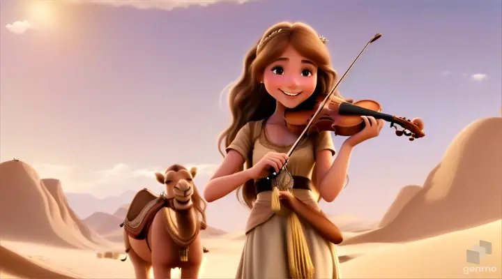 A young and beautiful girl with long hair, the girl smiles and plays the violin in a desert oasis, with a cute camel next to the girl