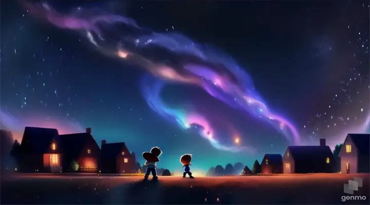 a little boy standing in the middle of a field under a night sky