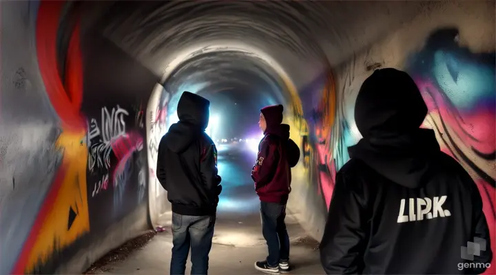 two hooded youths spraying walls in a tunnel, from behind, medium shot, photo realistic, 