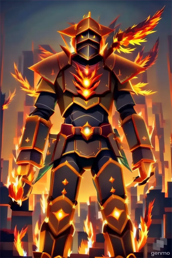 a stylized illustration of a knight standing in front of a city