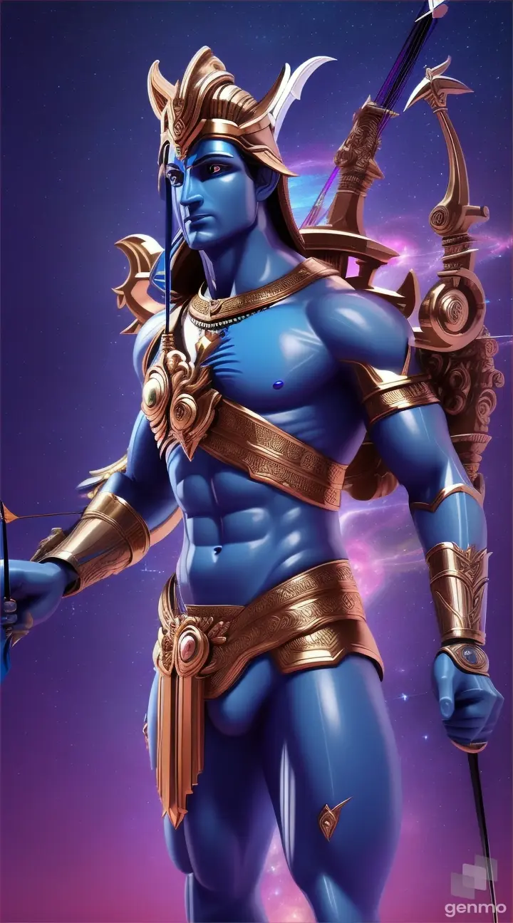 Hindu god ram with bow arrow, body colour blue, childhood,9:16, realastic, sci fi