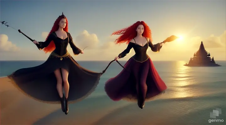 A curly-haired red-haired witch is flying on a broomstick, next to her is a tall brunette with long black hair , a sea of palm trees,  They fly in a stupa over the sea like witches