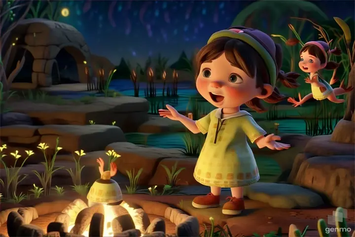 a little girl standing in front of a campfire