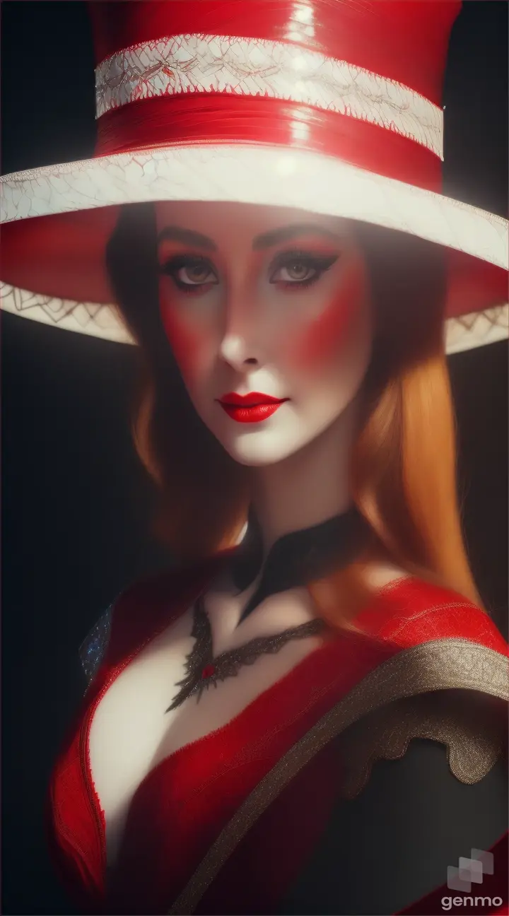 a waking shiny white ceramic realistic woman in a red-black stylish dress, cracks spread across her form, glowing liquid fire from within, in a stylish hat with a large brim. High detail, 4K, wide-angle lens, realistic image.