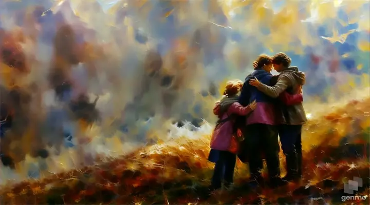 a painting of people embracing each other