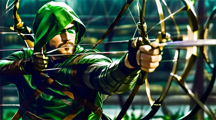 green arrow from tv show arrow in a green outfit holding a bow and arrow