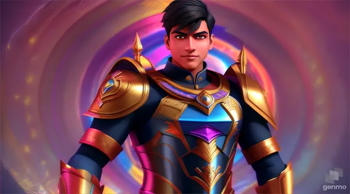 3D Cartoon Style 3D Rendering Background Settings: Vibrant Colors Dinkar handsome 22-year-old young man with a kind heart and determined expression, in the guise of a messenger of the gods, wearing the armour and  closed his eyes and prayed to Lord Vishnu in his mind to keep the people of Ujain safe and for strength in battle.