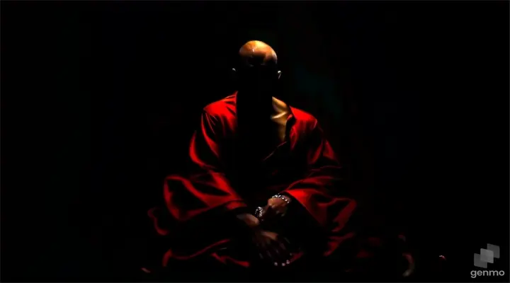 a man in a red robe sitting in the dark