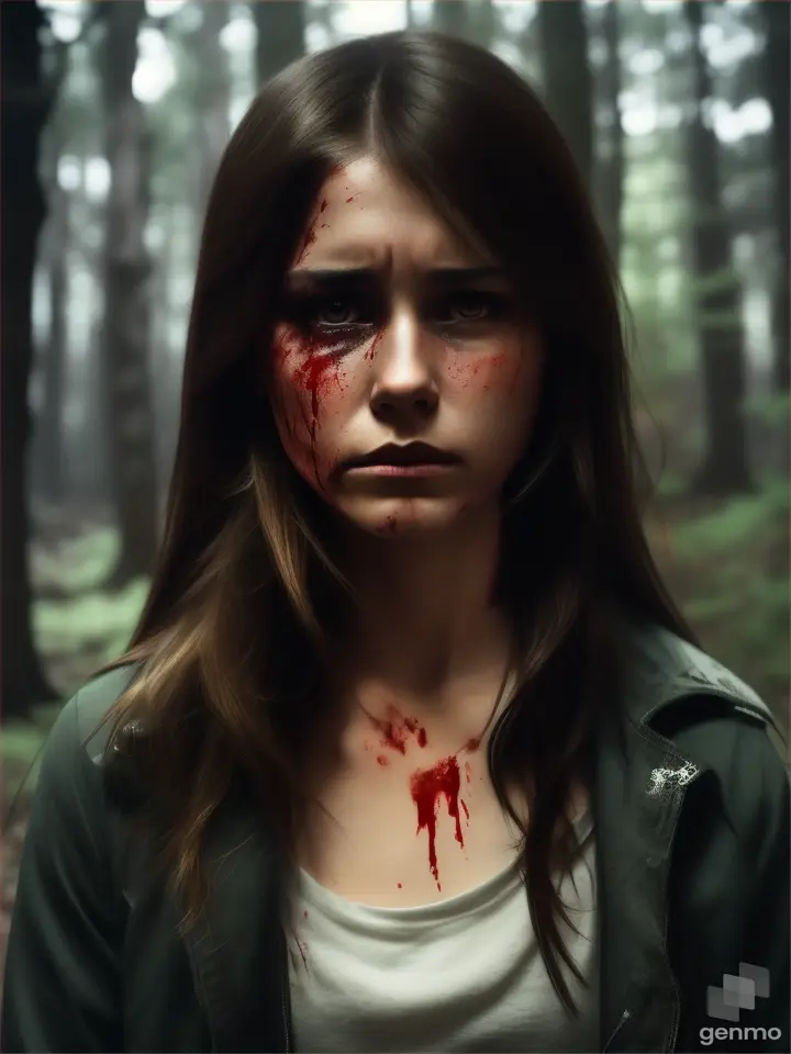 sharp, GoPro HD full body A beautiful woman straight brown hair, casual clothes, hurt cut on neck blood , crying and laying crawling moving in woods night -3 motions