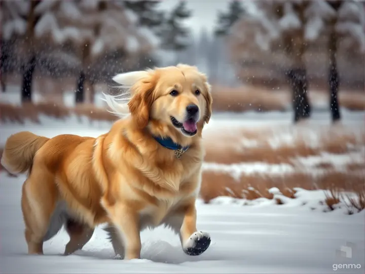 Golden retriever run on the snow 