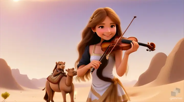 A young and beautiful girl with long hair, the girl smiles and plays the violin in a desert oasis, with a cute camel next to the girl